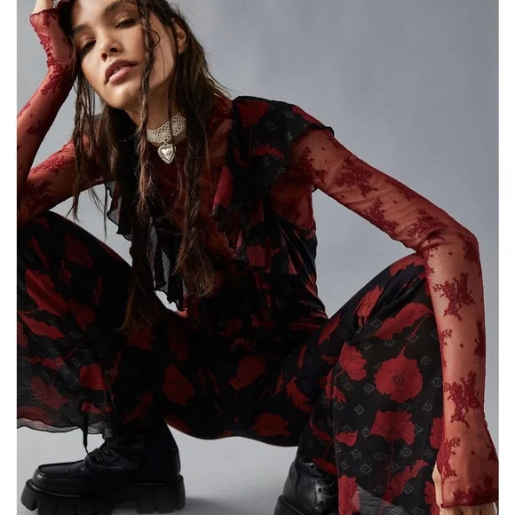 Free People Austyn one piece floral, ruffle, bell bottom jumpsuit. - Picture 2 of 5